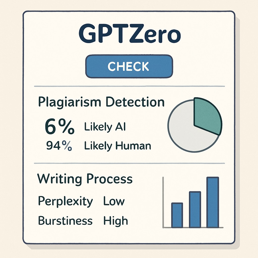A visual representation of GPTZero's interface showing plagiarism detection statistics and writing process analysis. GPTZero interface for monitoring student writing and detecting plagiarism.