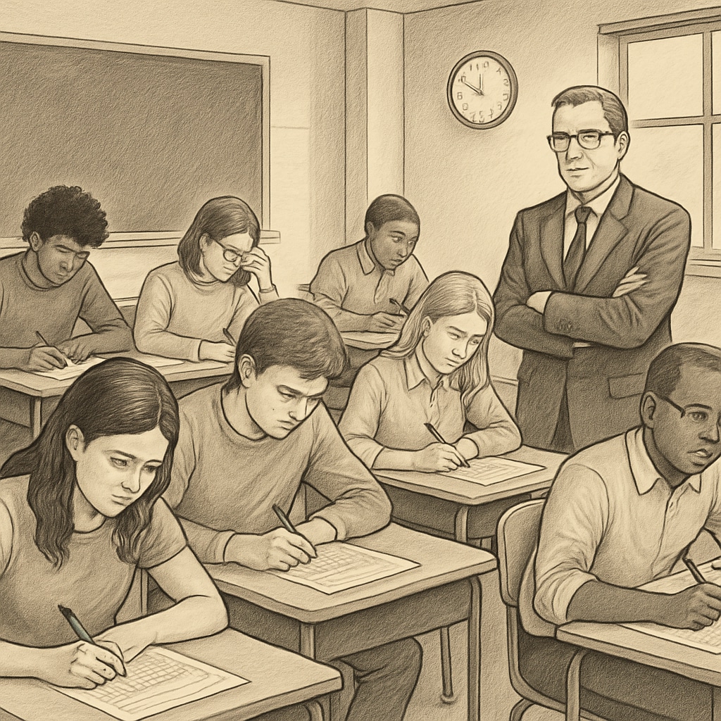 A classroom setting where students are taking standardized tests under supervision. The image highlights the high-stakes environment of AP exams. Students taking AP Physics C exams in a classroom