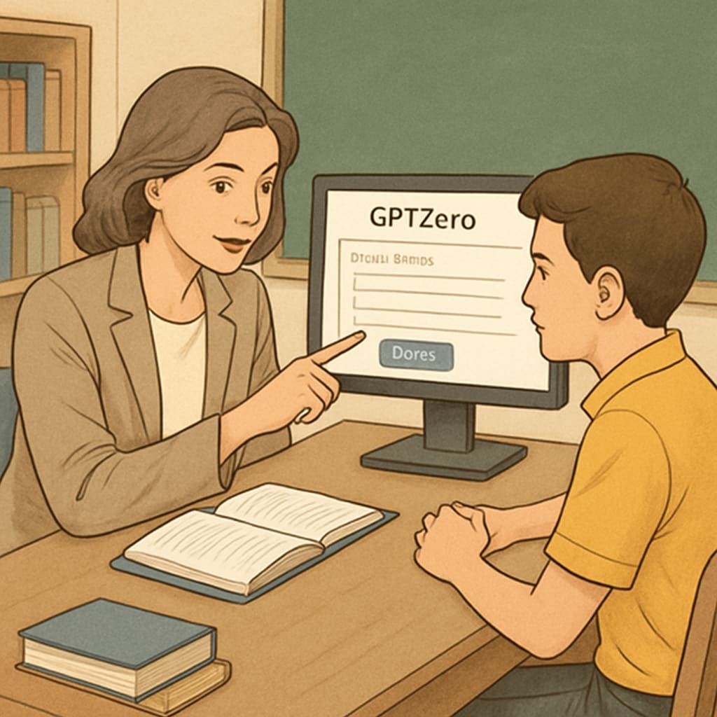 A classroom scenario where a teacher uses GPTZero to discuss writing improvements with a student. Teacher using GPTZero to provide feedback on student writing.
