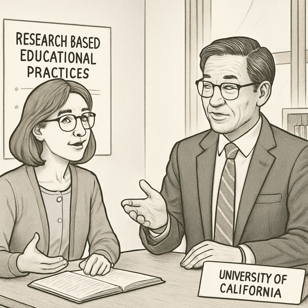 A teacher discussing research-based practices with a University of California education expert. K12 educator consulting with a University of California expert.