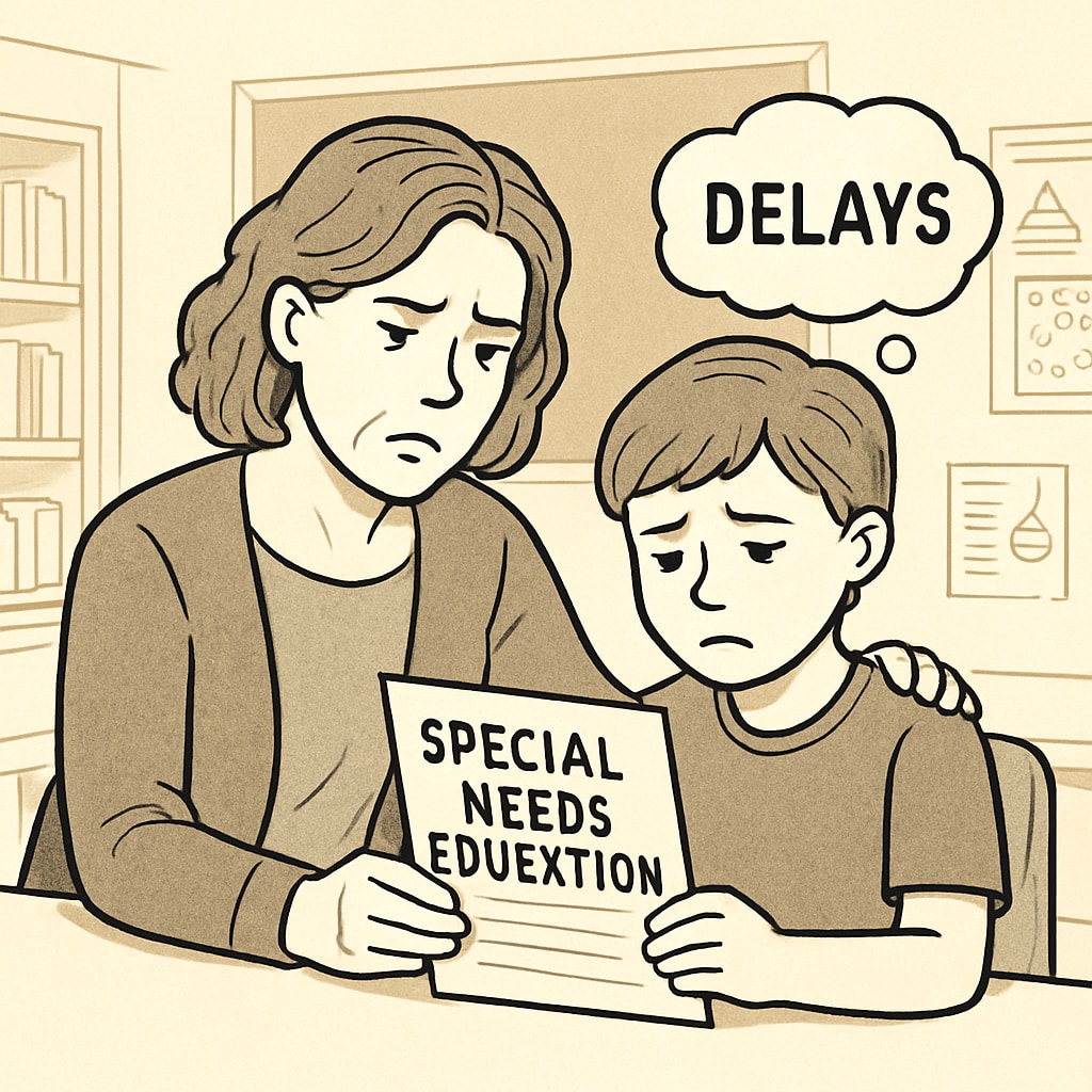 A concerned parent sitting with their child, holding educational documents, symbolizing the frustration of delays in special needs education. Parent with child reviewing educational documents, symbolizing school delays for special needs students.