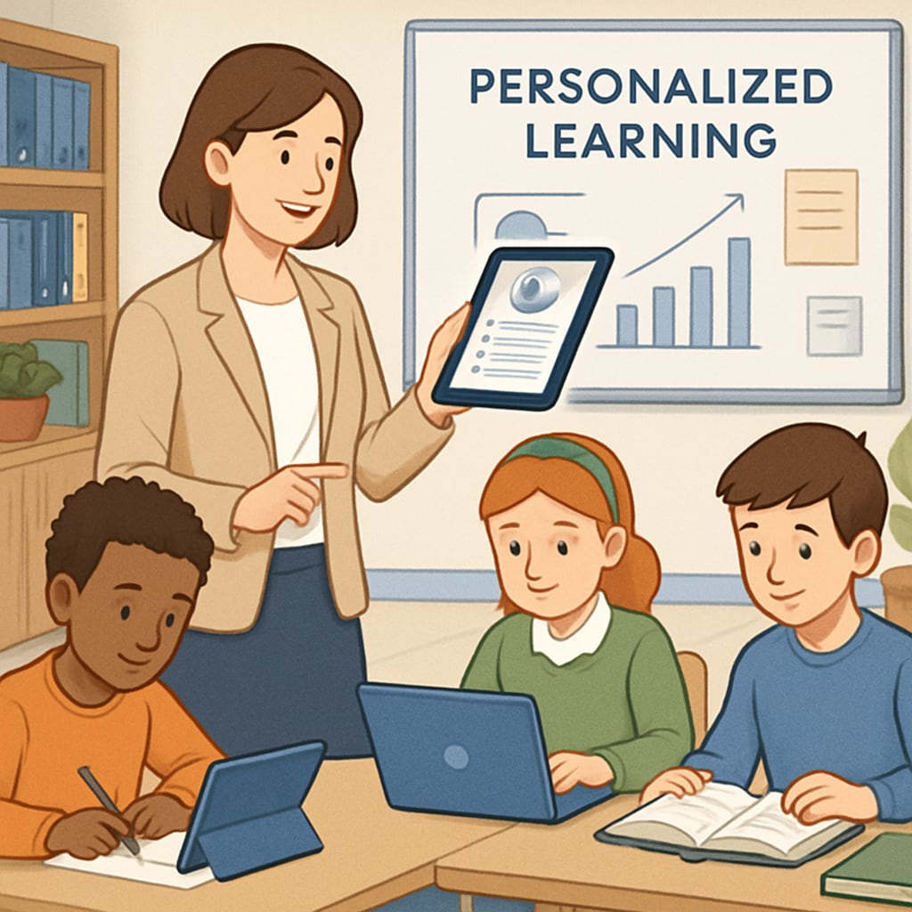 A teacher using a tablet to facilitate a personalized learning session in a modern classroom. Teacher and students engaging with technology in a classroom setting.