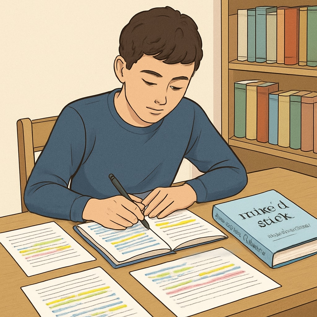 A teenager studying with colorful notes and a copy of A photo of a student studying with the book