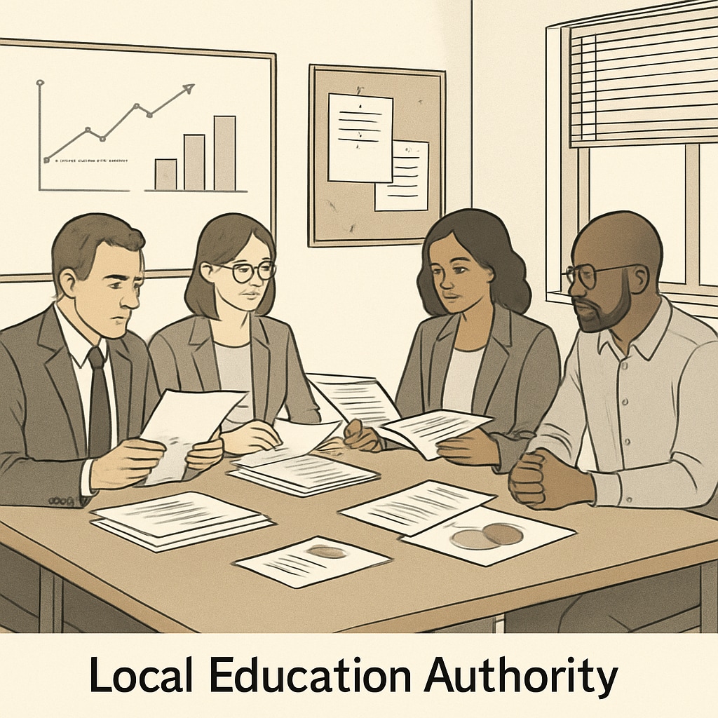 A meeting room with local education authority representatives reviewing documents, symbolizing accountability and decision-making in SEND education. Local authority representatives in a meeting room reviewing documents related to special needs education.