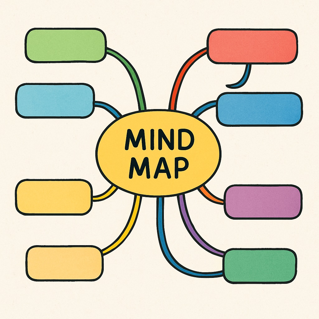 A colorful mind map drawn by a K12 student, showcasing creative ways to organize ideas. A detailed mind map created by a student using techniques from