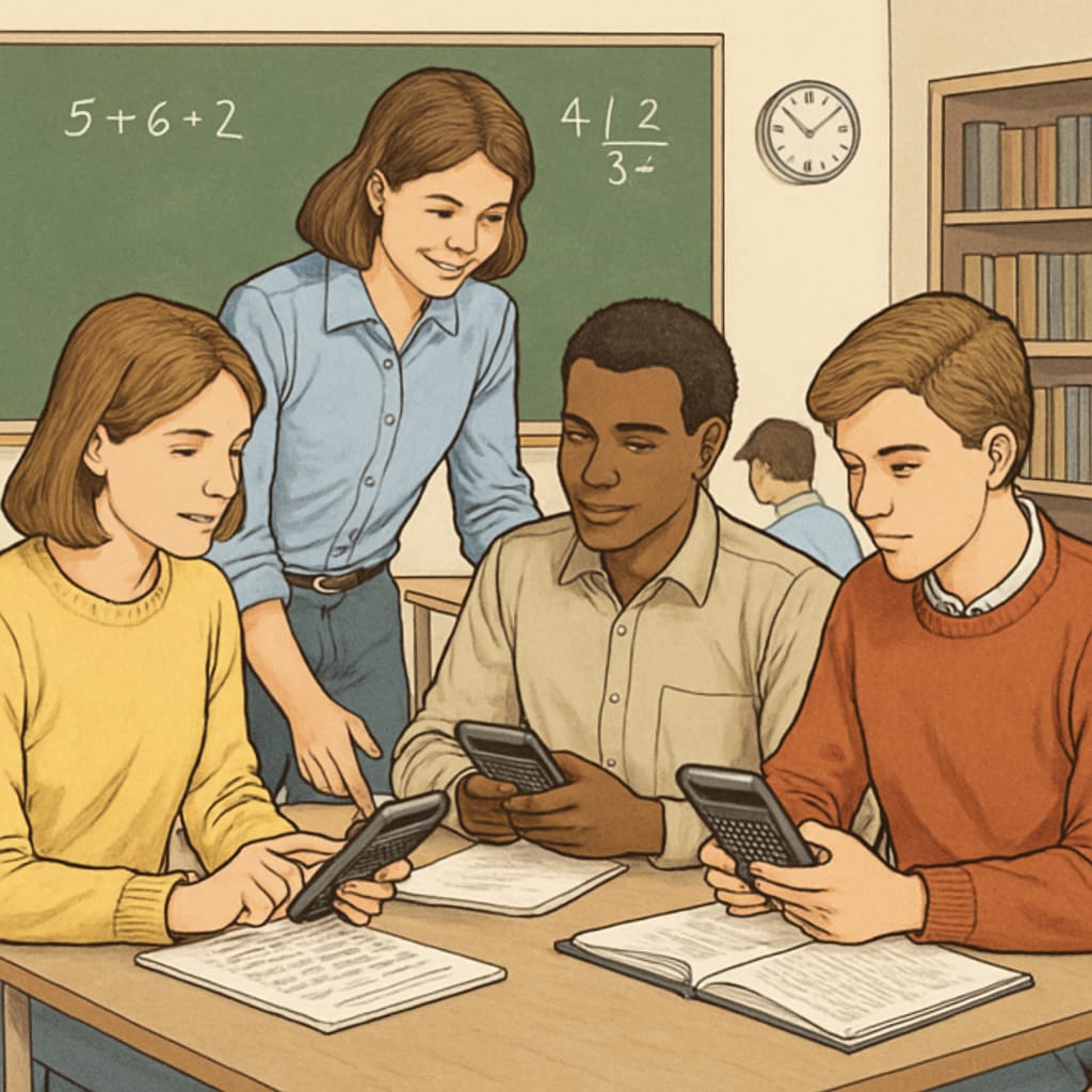 A classroom setting showing students actively using RPN calculators during a collaborative group activity. Students using RPN calculators in a K12 classroom.