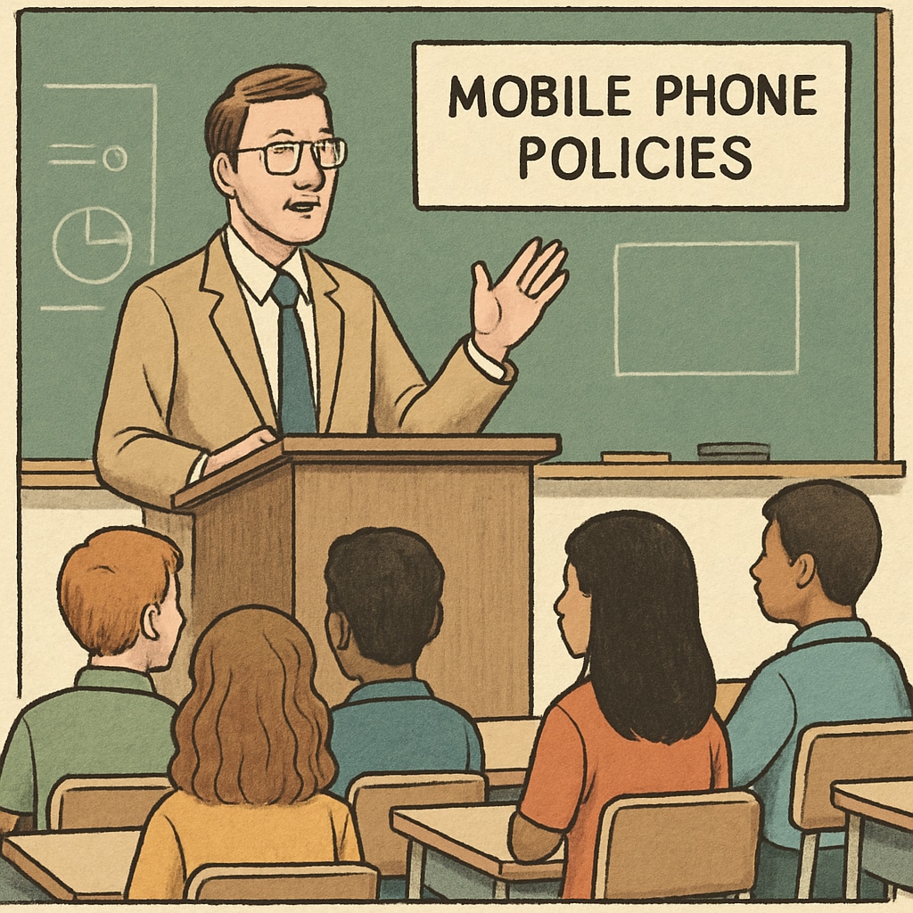 A school administrator addressing students about mobile phone policies. A school official explaining phone use policies to students in an assembly.
