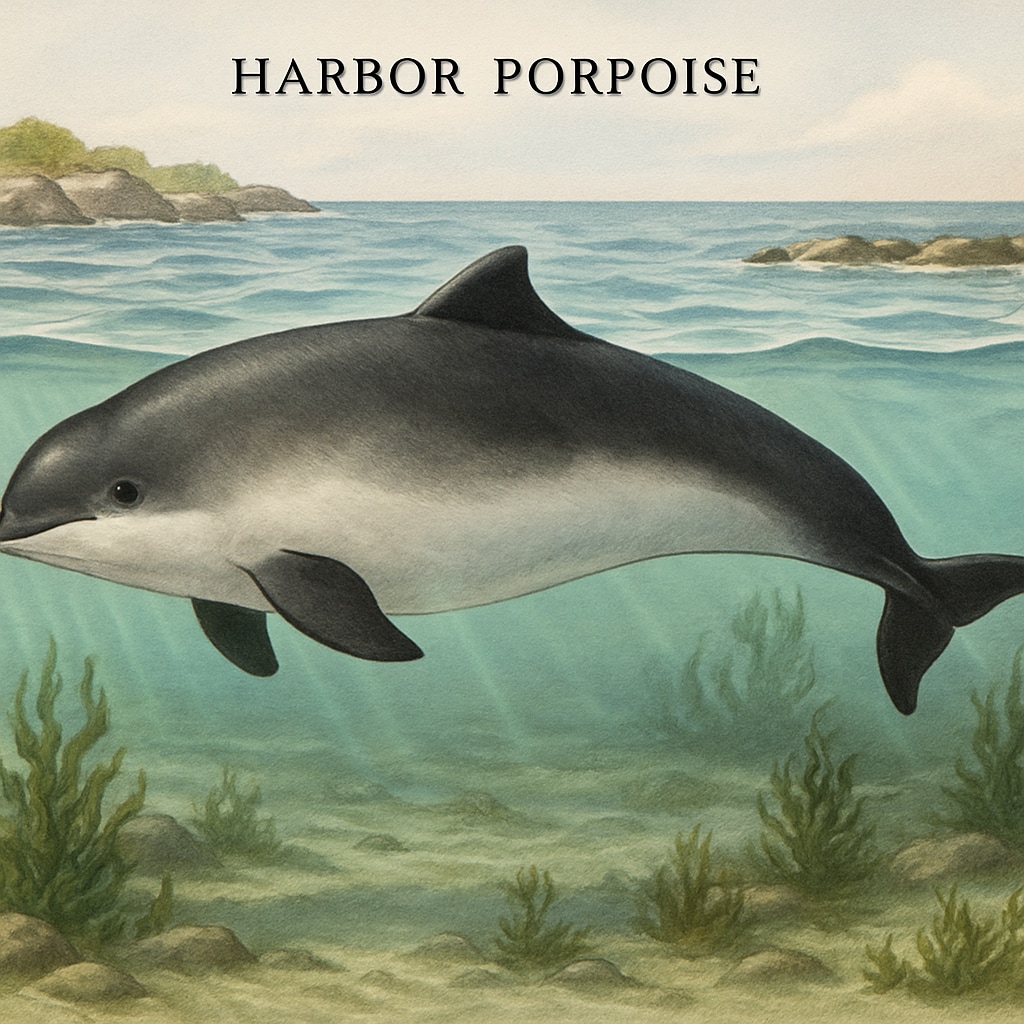 A close-up image of a harbor porpoise swimming in clear coastal waters. Harbor porpoise, a marine mammal, swimming in clear water.