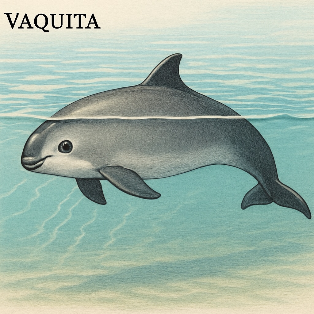 A vaquita porpoise in its natural habitat, with calm waters and sunlight reflecting off the surface. Vaquita porpoise, an endangered marine species, in its natural habitat.