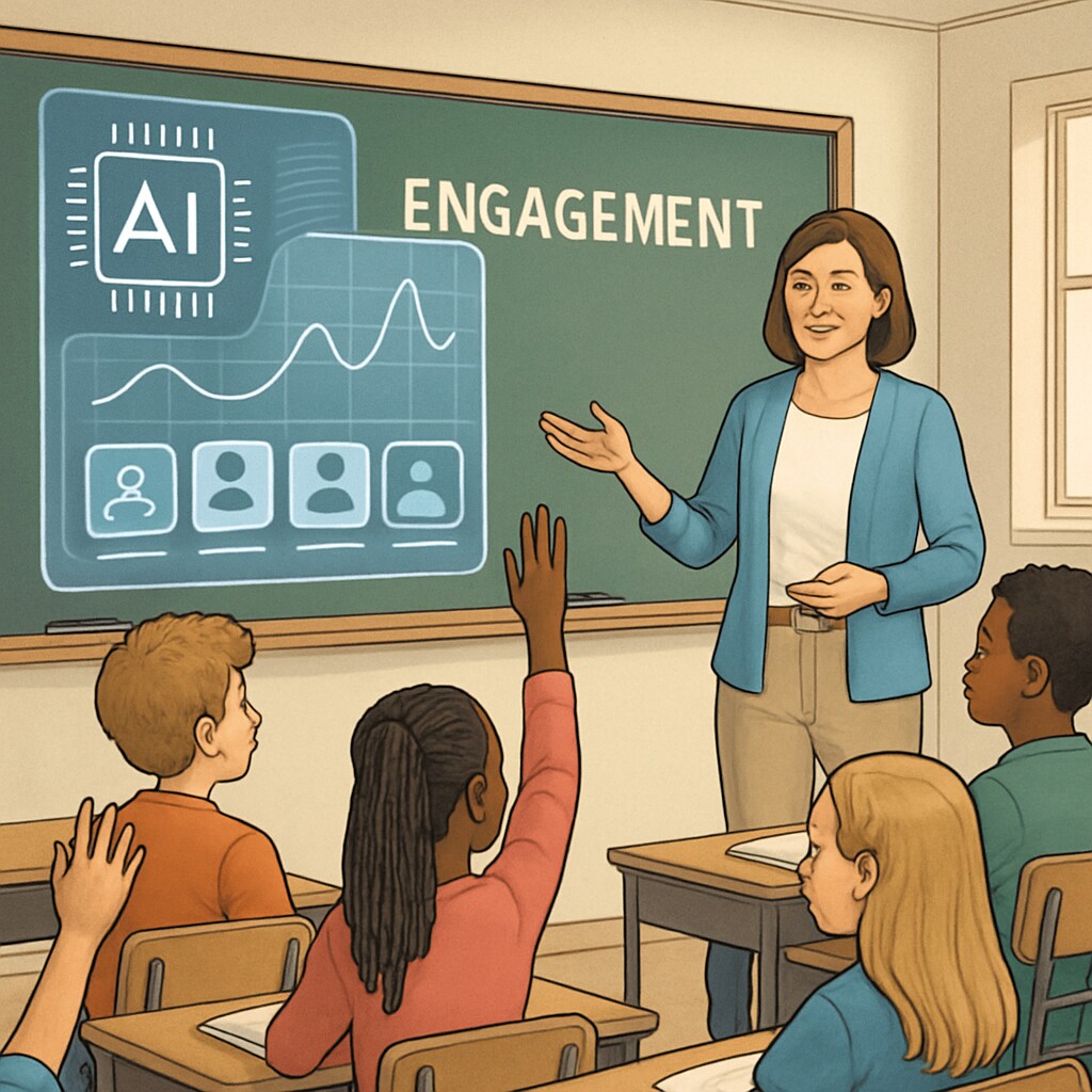 Teacher leading classroom discussion with AI analytics assisting engagement.