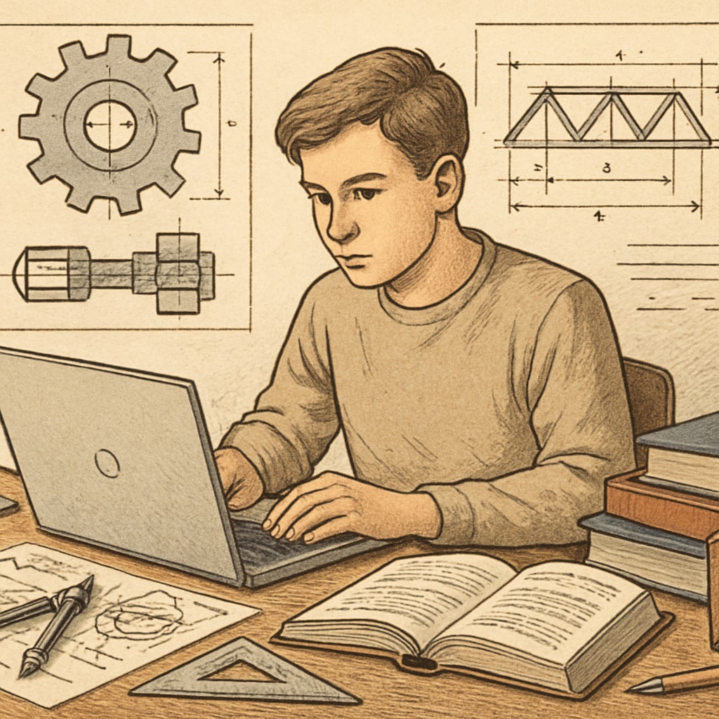 A student working on a laptop, symbolizing the integration of online learning with traditional engineering studies. Online learning combined with mechanical engineering studies.