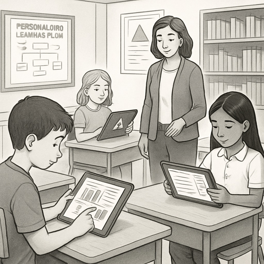 Students engaging with personalized learning tools in a classroom environment.