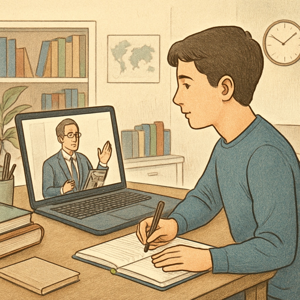 A student engaging in an online class, sitting in a well-lit home office with a laptop. Online public education student learning at home with a laptop