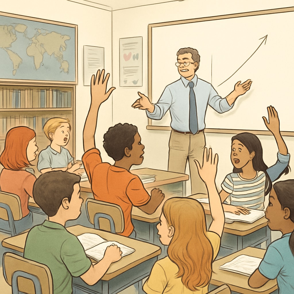 A classroom filled with engaged students interacting with their teacher, showcasing a dynamic learning environment. Children and teacher in a classroom demonstrating interactive learning.