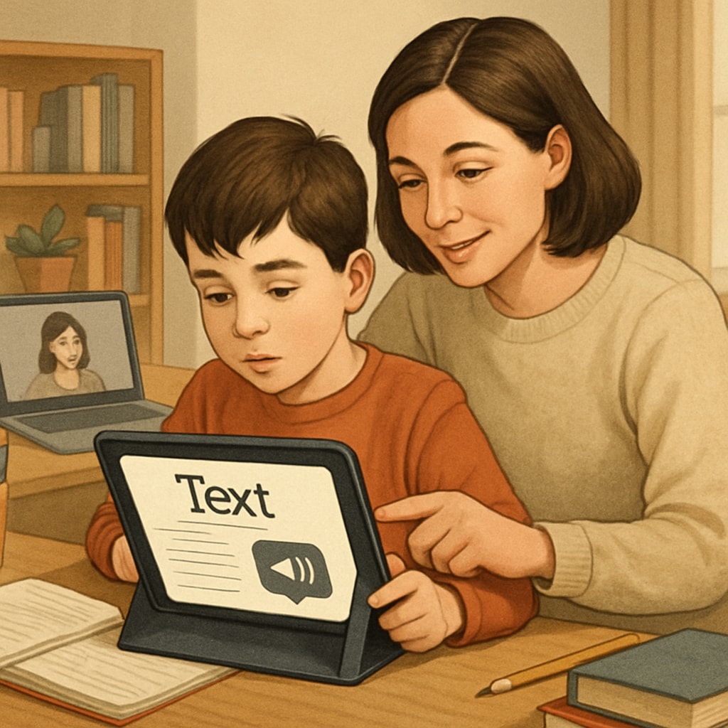 A parent assisting their child with special learning needs during an online class. The child uses assistive technology like an iPad with accessibility features. Special education support in online public schools