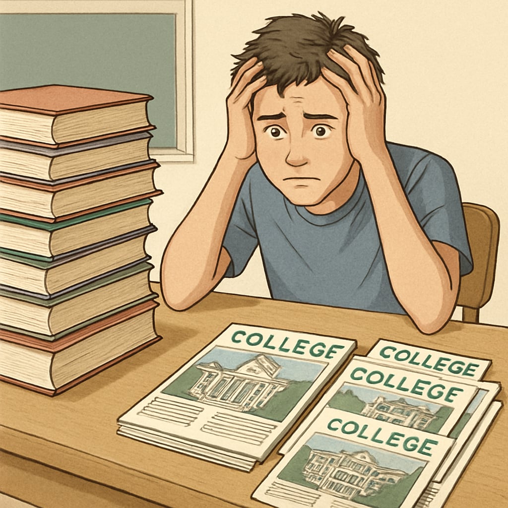 A high school freshman overwhelmed by a desk full of books and college brochures. A stressed high school freshman sitting at a desk covered with books and college brochures, representing college application challenges.