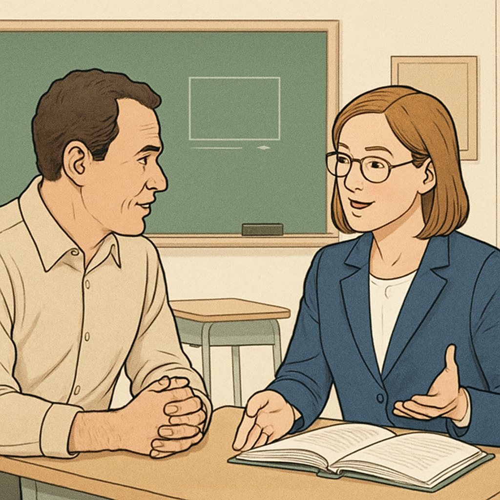 A parent speaking to a teacher in a school setting, illustrating the importance of parent-teacher communication. Parent discussing with teacher about student progress in a school office.