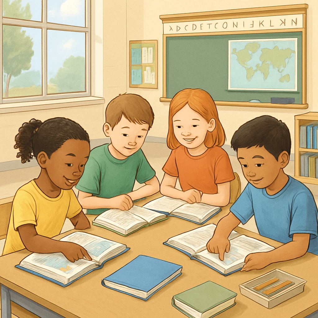 A classroom setting where students are engaged in group reading activities to improve comprehension skills. Students engaged in group reading activities, focusing on ELA教学结构,阅读教学方法,标准教学(英文).