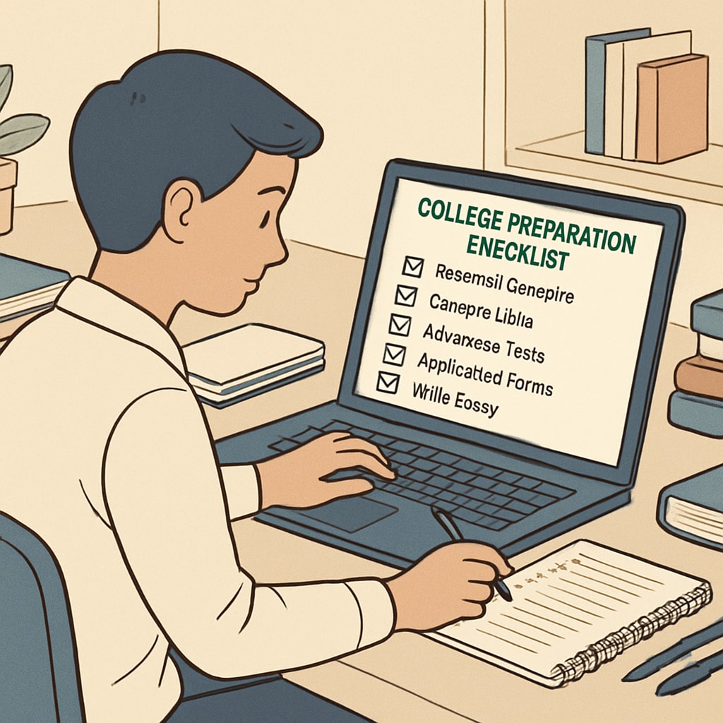 An organized student creating a college preparation checklist on their laptop. A student using a laptop to create a checklist for college preparation, symbolizing the importance of early planning.