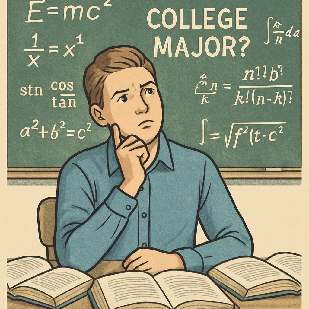 A student sitting at a desk, surrounded by mathematical formulas and books, contemplating their college major. A student thinking about college majors in mathematical sciences.