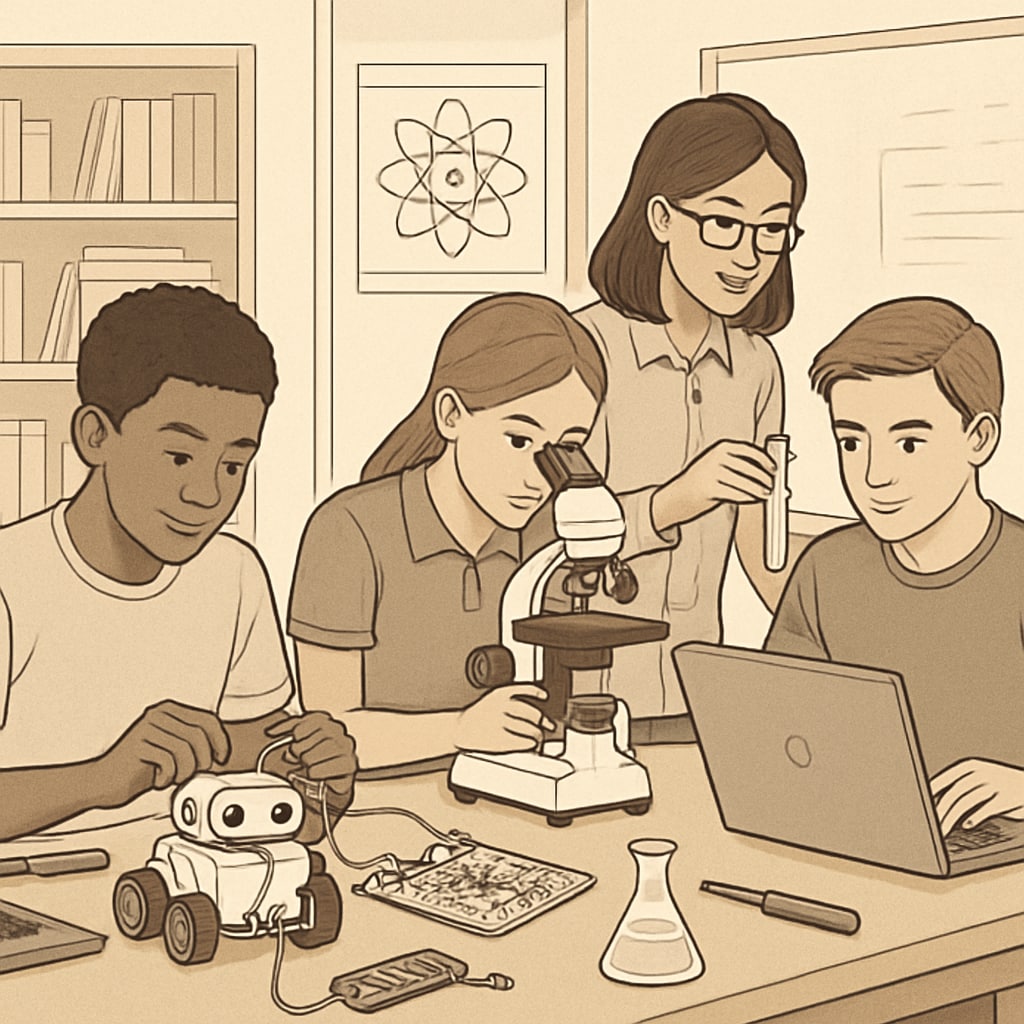 A group of students working on STEM projects, representing interdisciplinary collaboration. Students collaborating on STEM projects, showcasing interdisciplinary opportunities.