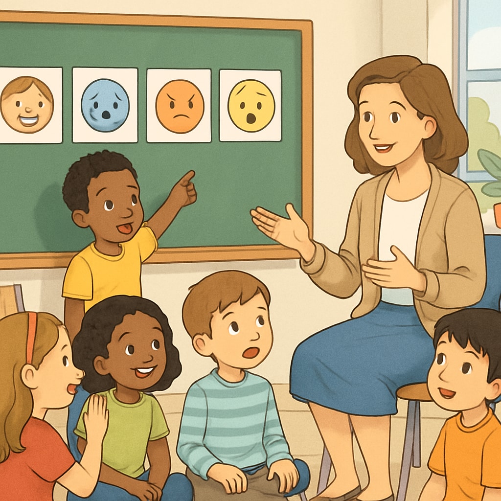 Children participating in an emotional intelligence activity as part of emotional education.