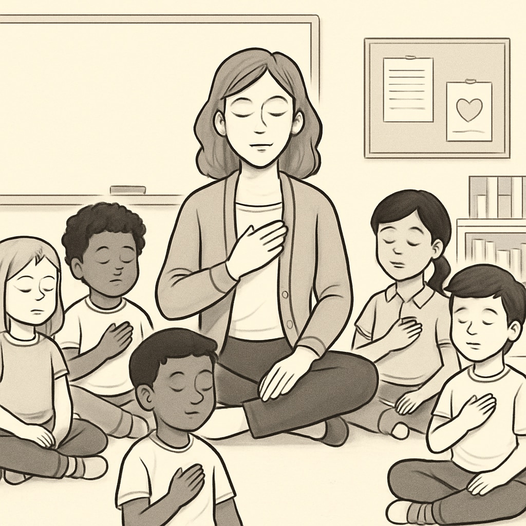 Teacher leading children in mindfulness to teach emotional regulation skills.