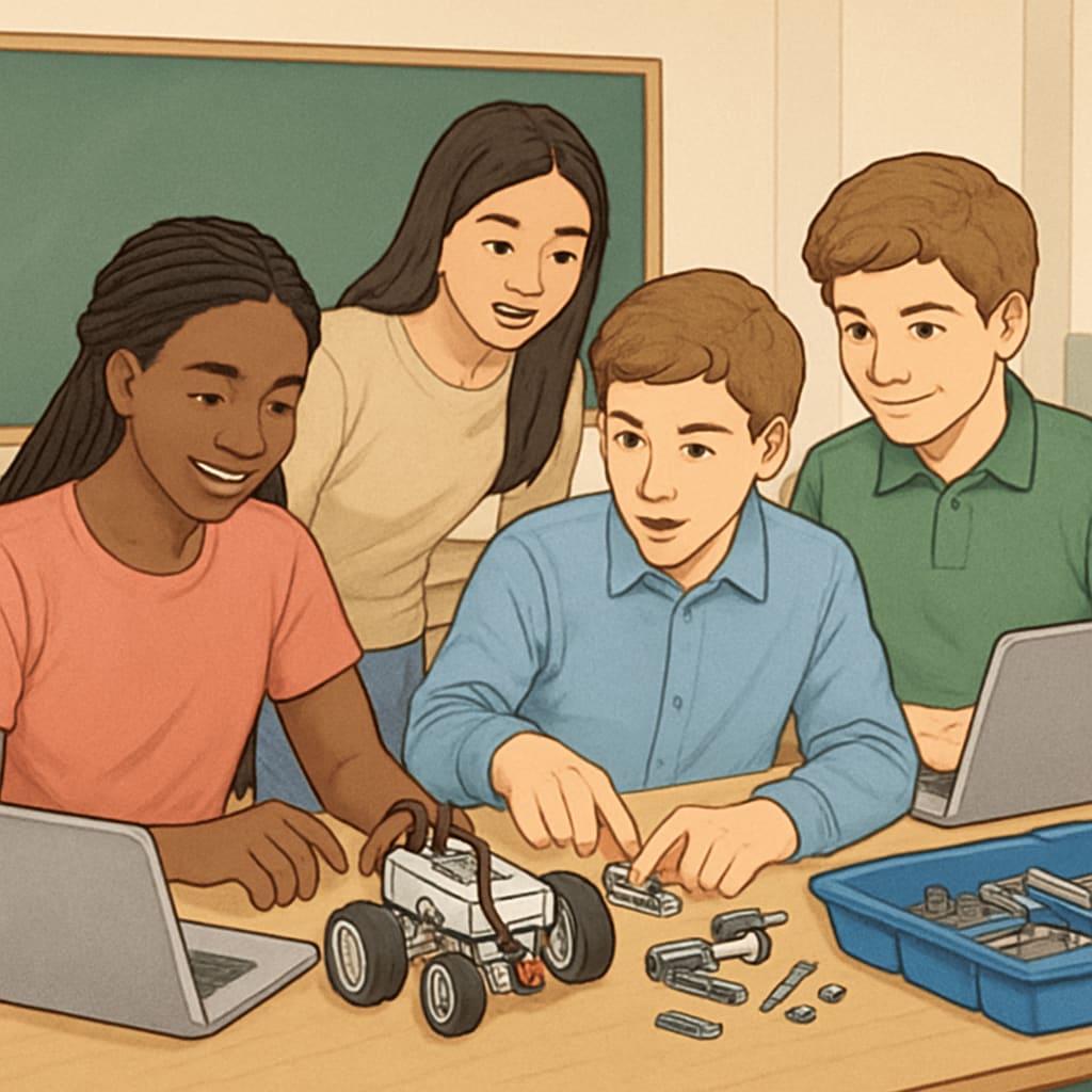 High school students engaged in STEM activities like robotics and coding.