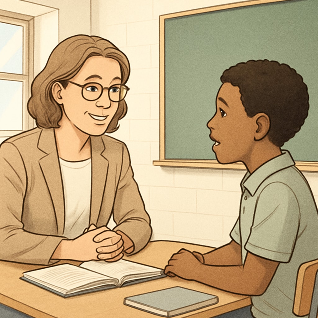 A teacher and student demonstrating respect and listening in education.