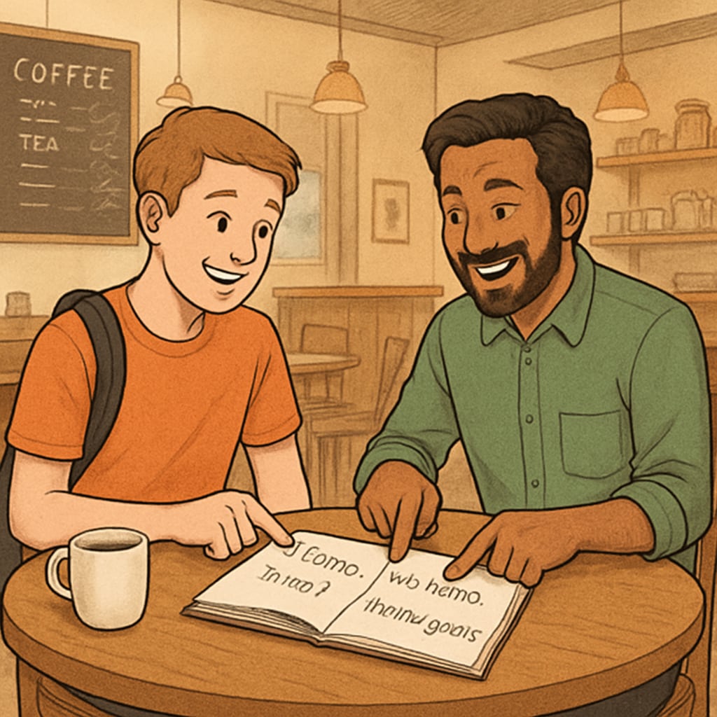 Student practicing Spanish with a local in a café to enhance cultural adaptation.