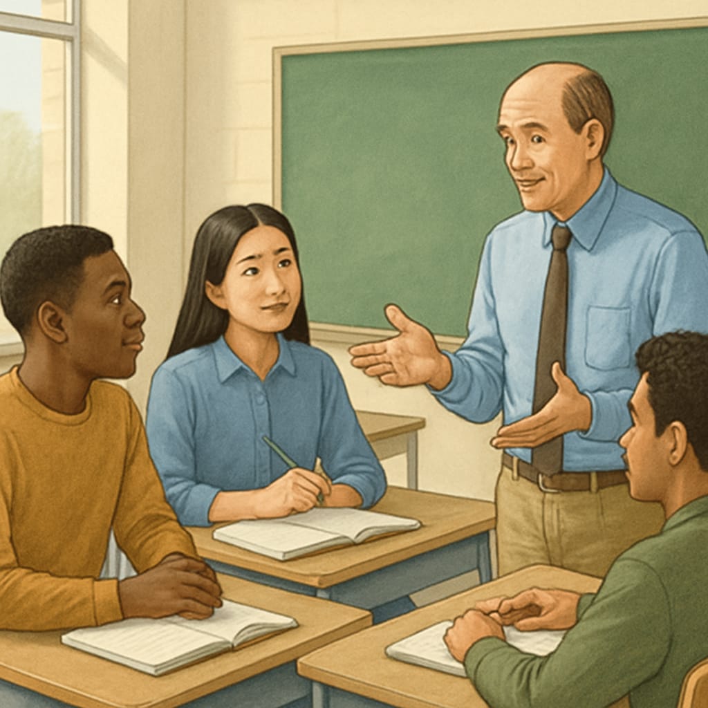 Classroom discussion showing respect and active listening among students and teachers.
