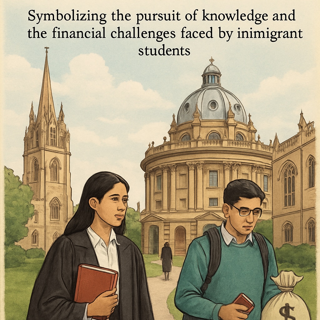 Oxford University campus representing immigrant students’ financial struggles.
