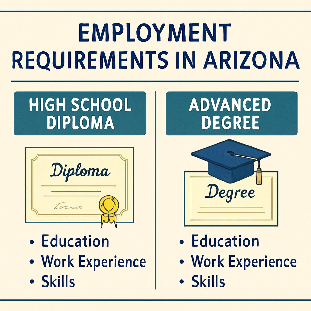 A comparison chart showing the disparity between high school diploma requirements and advanced degree qualifications in Arizona employment. Chart contrasting high school diploma and advanced degree job requirements in Arizona.