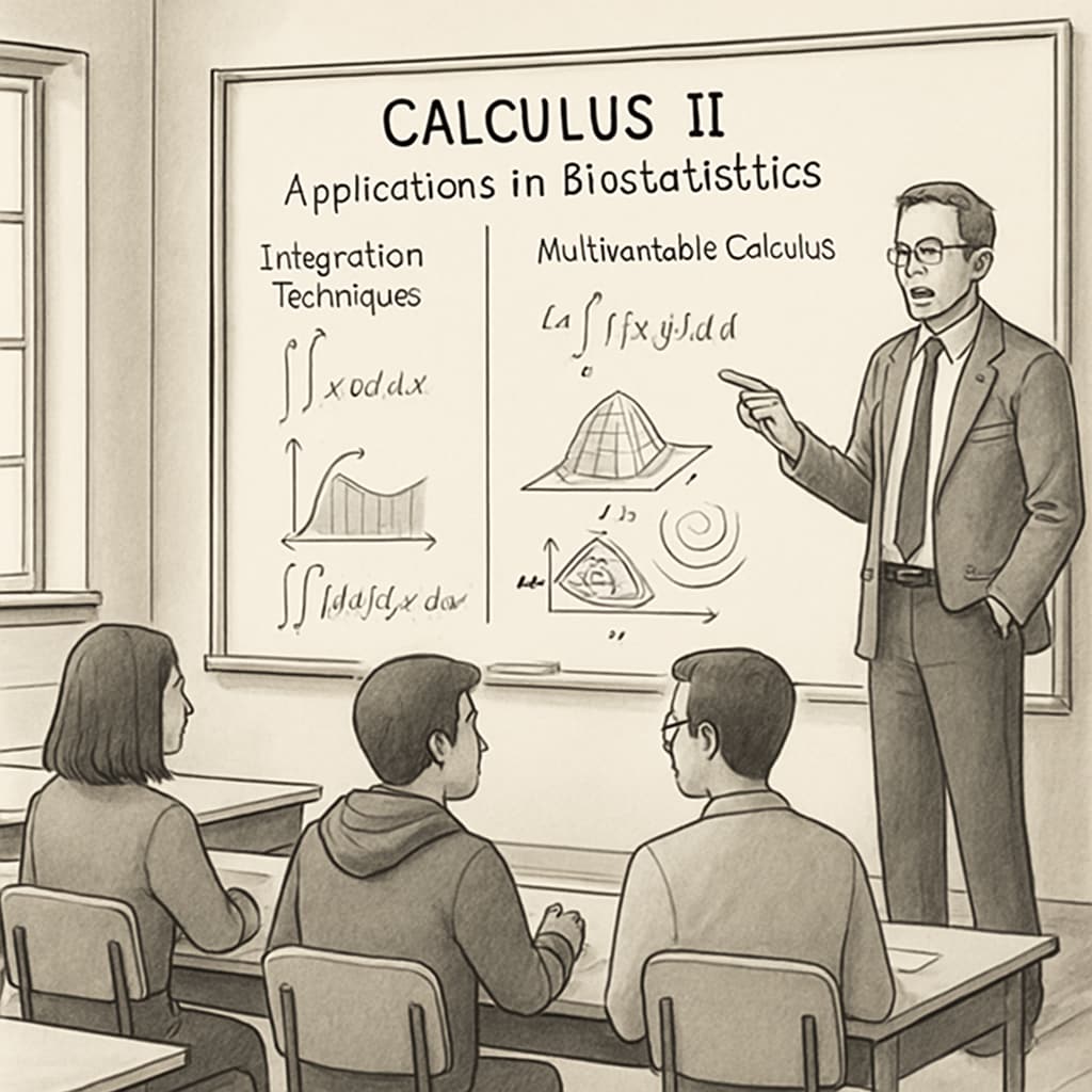 A classroom setting with a professor explaining Calculus II concepts on a whiteboard, emphasizing the importance of integration techniques and multivariable calculus for biostatistics. Professor teaching Calculus II concepts in a classroom, relevant to biostatistics.