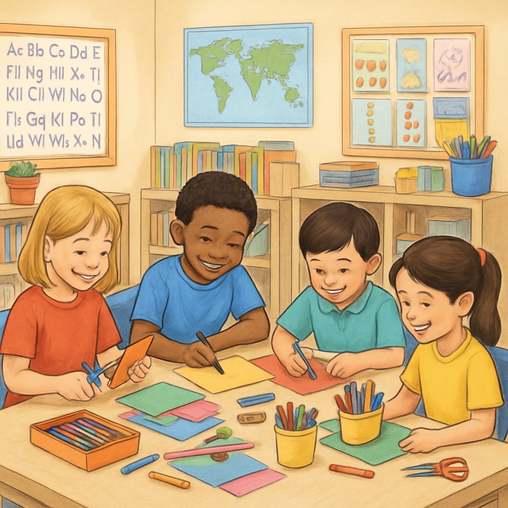 Students collaborating on an art project in an inclusive classroom setting.