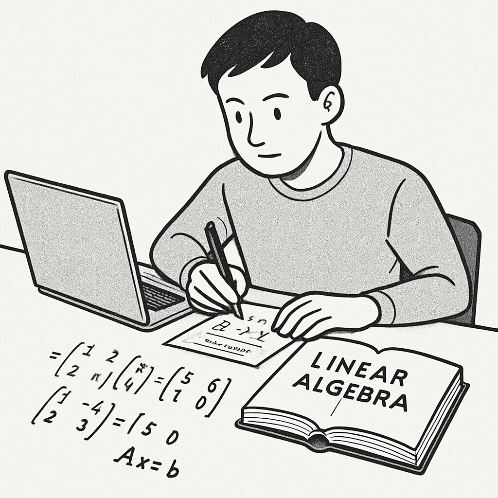 A student working on linear algebra problems using a laptop and a textbook, illustrating the computational aspects of the subject. Student studying Linear Algebra with a laptop and textbook, key for biostatistics applications.
