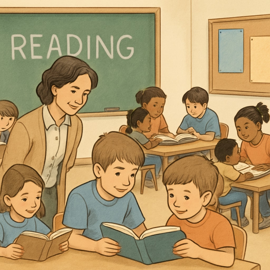 Fourth grader reading to a kindergartener, fostering connection and learning.