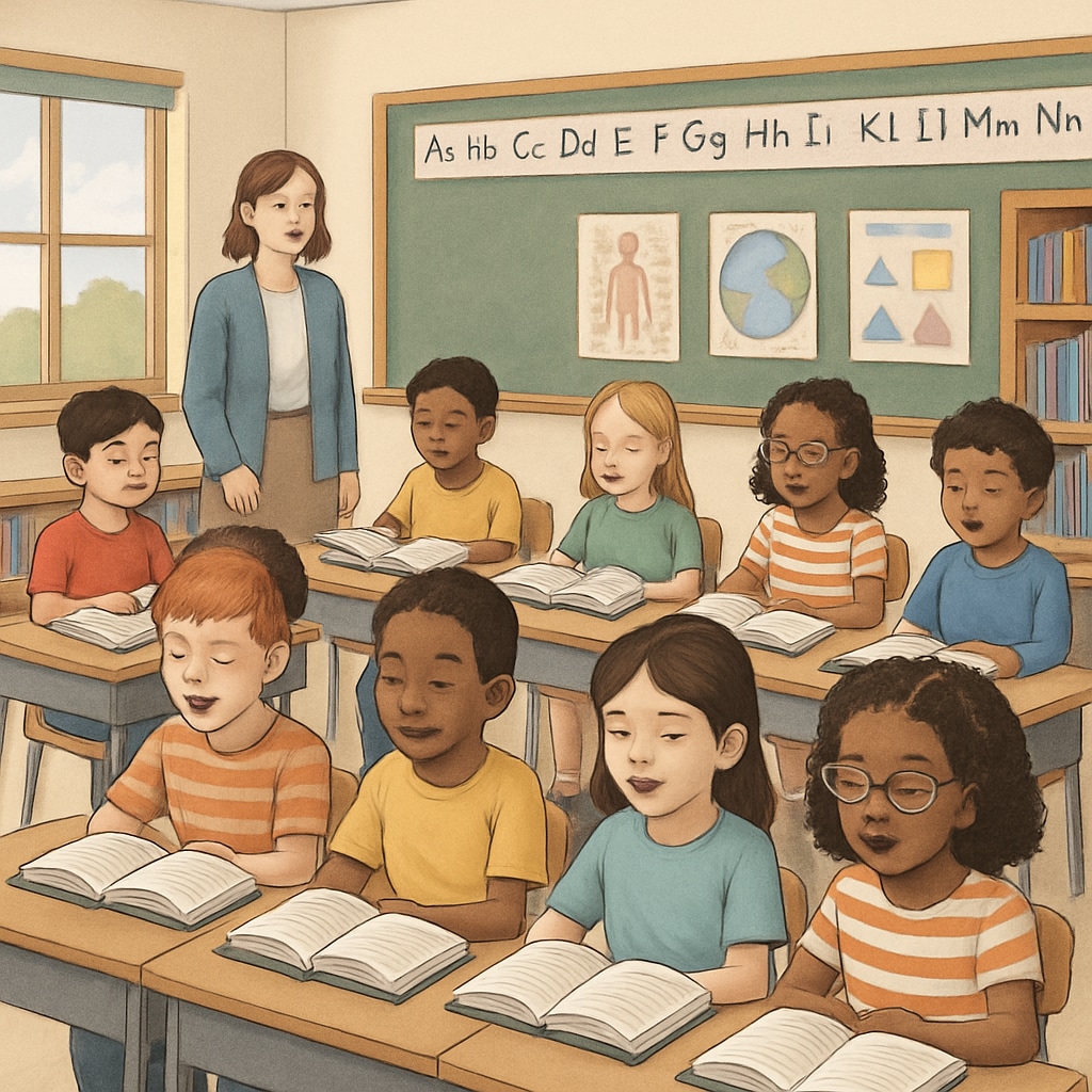 A classroom of young students reading aloud together, representing diverse teaching methods. Students reading in a classroom setting, showcasing whole language and phonics-based instruction.