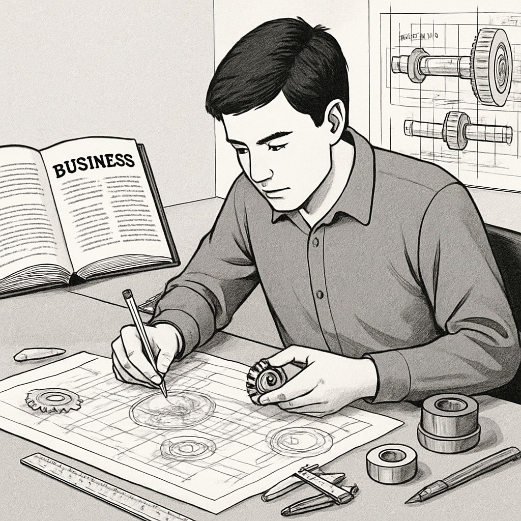 Mechanical engineering student with a business textbook.