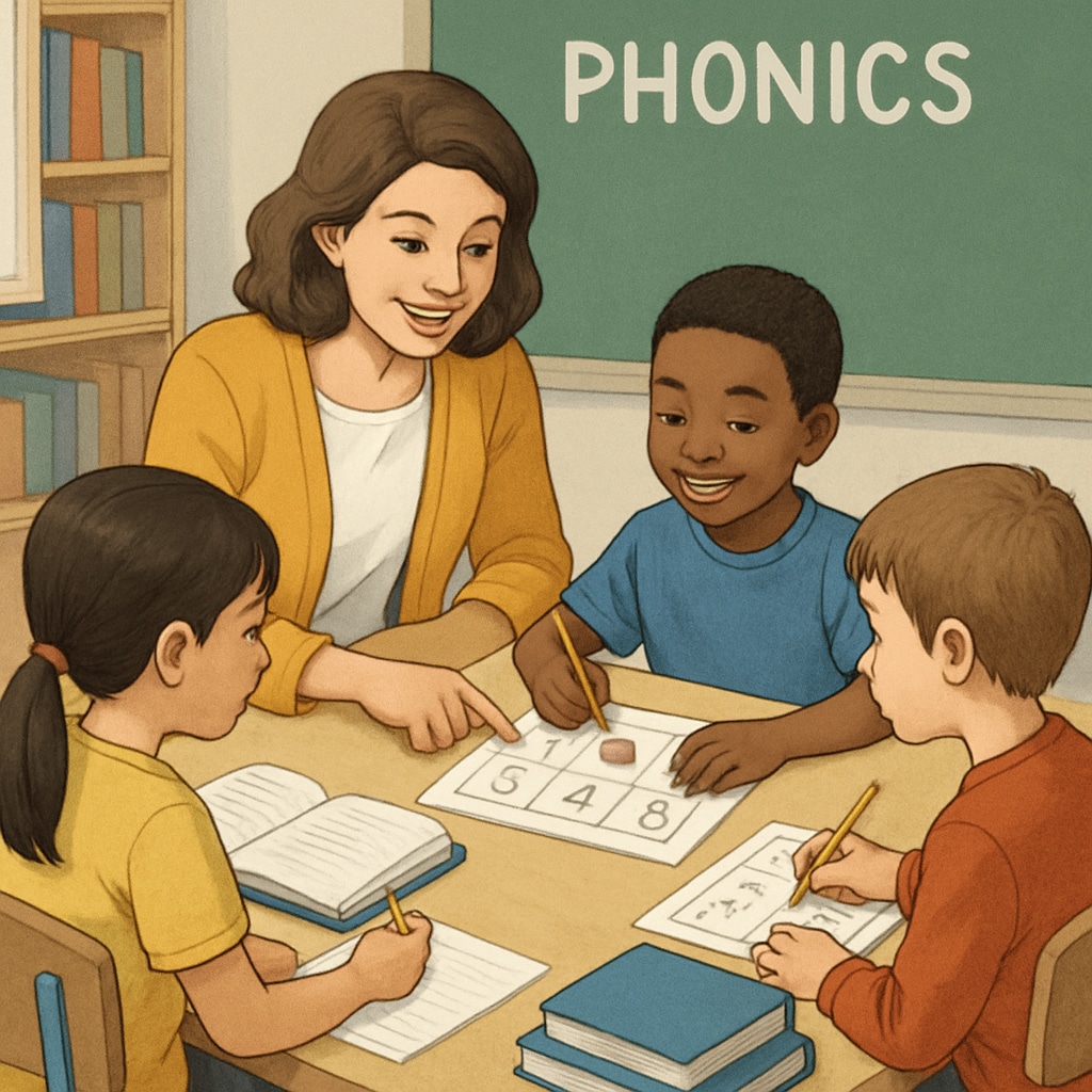 A teacher working with a small group of students on phonics exercises. Teacher guiding students on phonics-based reading exercises.