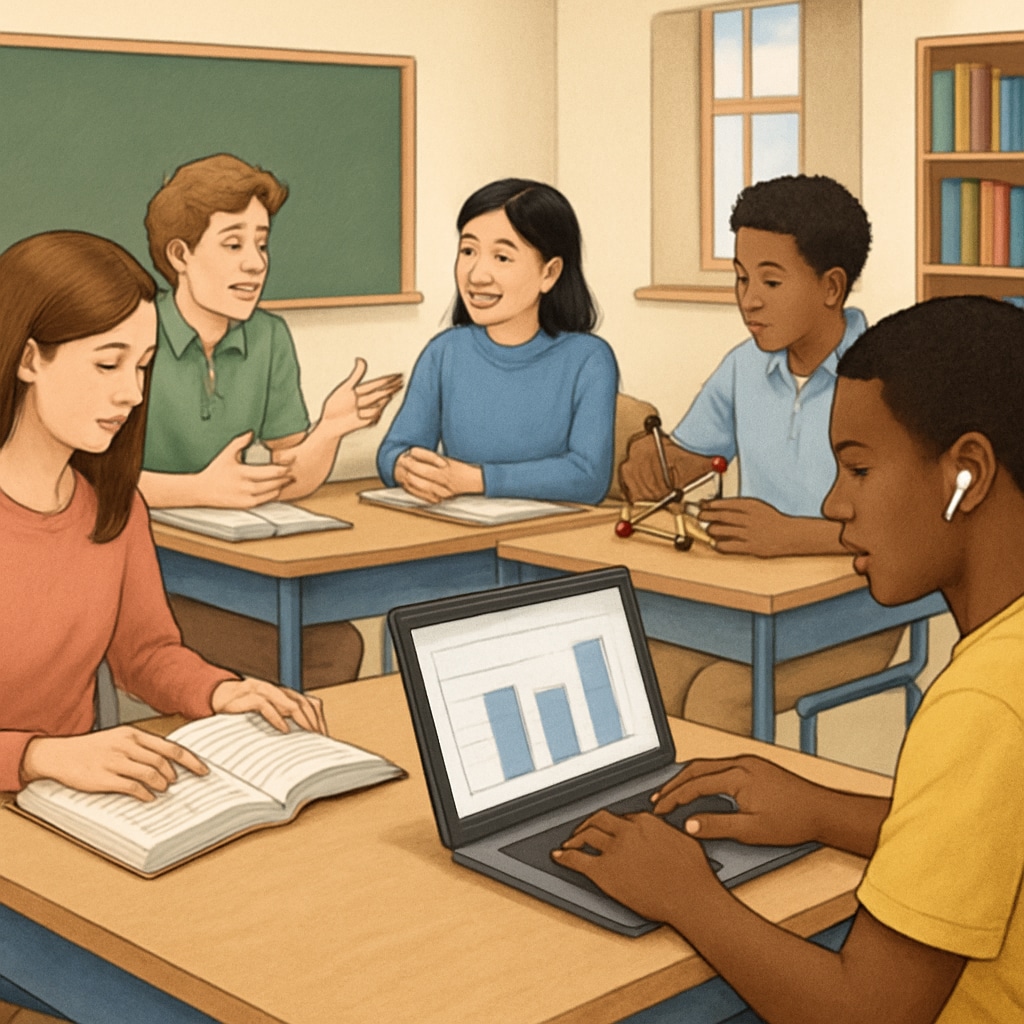 An illustration of students using different learning strategies in a classroom setting, symbolizing diverse approaches to high-impact learning. Students engaged in diverse learning strategies in a classroom, representing high-impact learning methods.