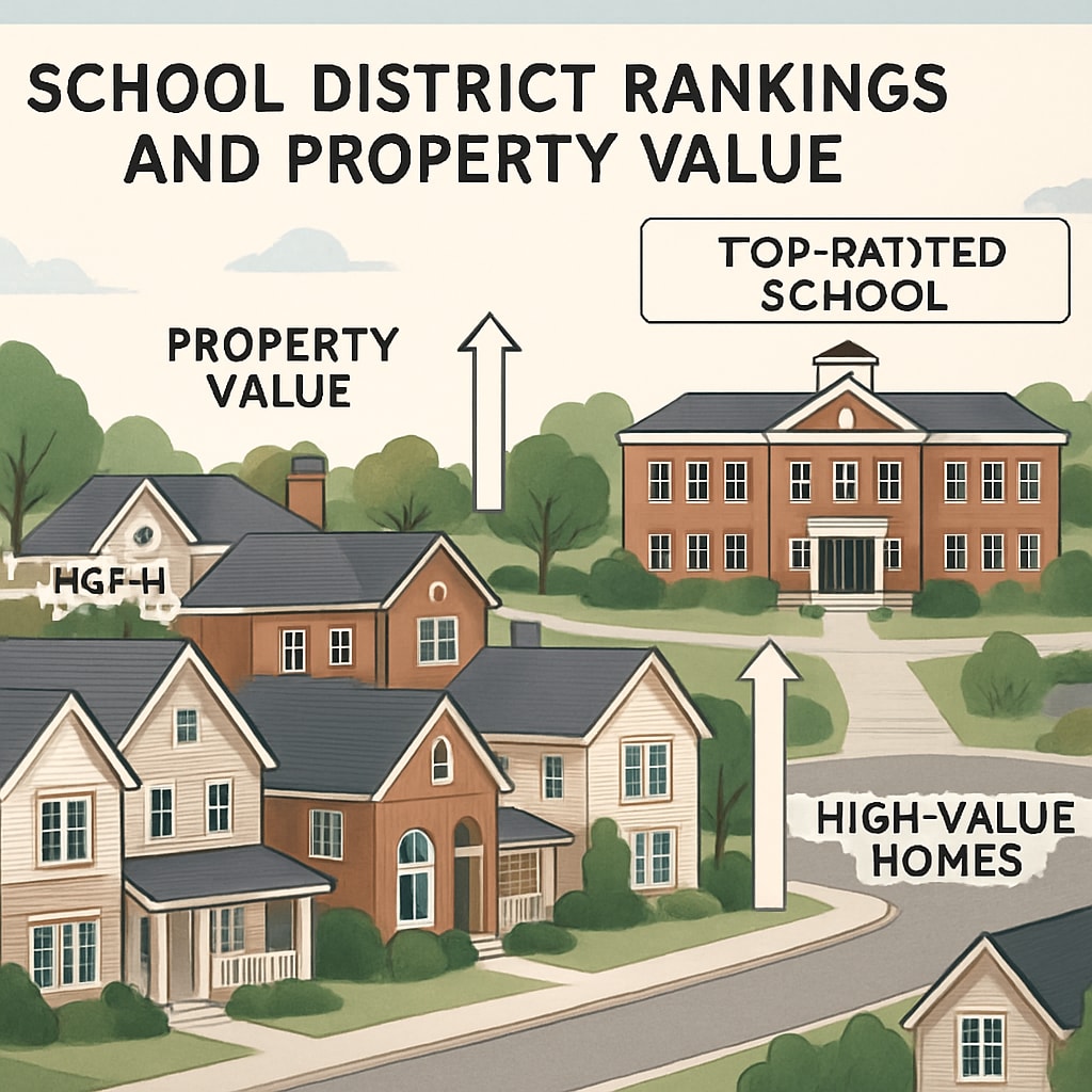 A suburban neighborhood with high-value homes located near a top-rated school, illustrating the connection between school district rankings and property value. A suburban neighborhood near a top school showing how school district rankings impact property value.