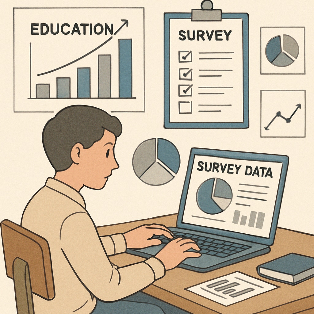 A researcher analyzing data from a survey on a laptop, representing the importance of data-driven insights in education. Researcher analyzing survey data, highlighting the importance of data-driven educational research.