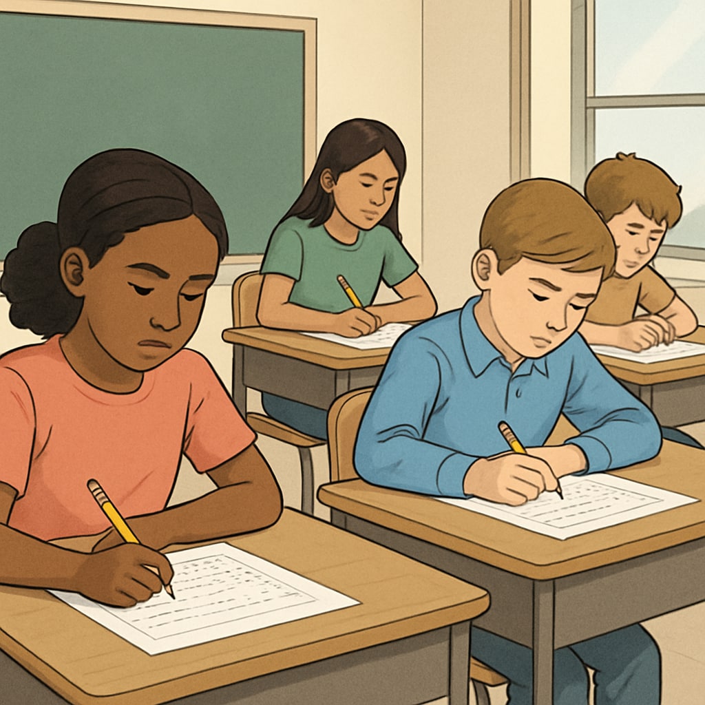 A group of children taking a standardized test in a classroom, highlighting the process of talent assessment and educational testing. Children taking a standardized test for talent assessment and child education.