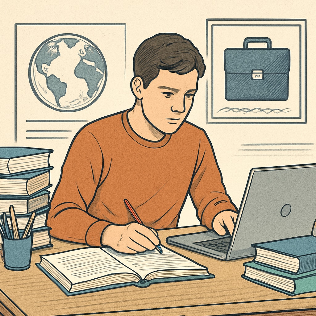 A student focusing on their laptop, surrounded by books, symbolizing the struggle to connect education with real-world employment. Student analyzing how education affects employment in the modern job market.