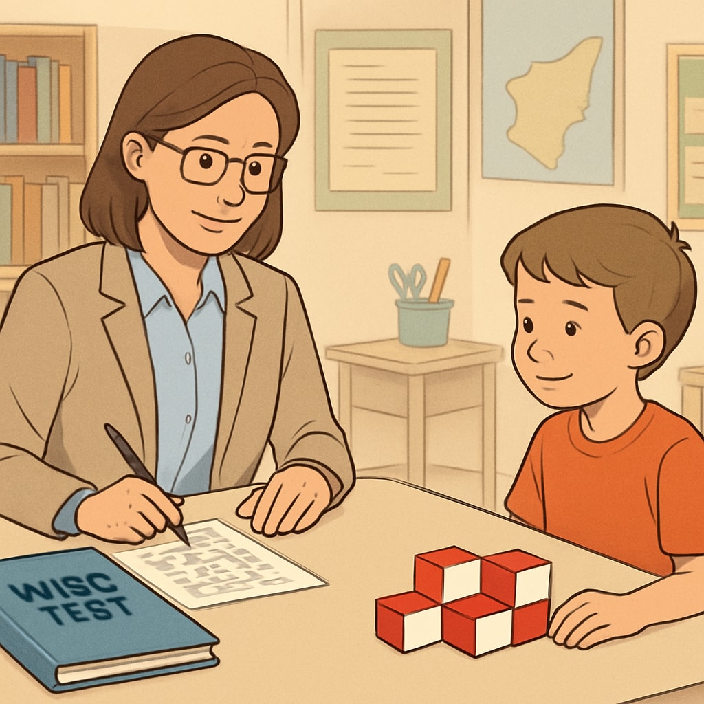 A psychologist administering the WISC test to a child in an educational setting. A psychologist conducting WISC testing for child IQ assessment.