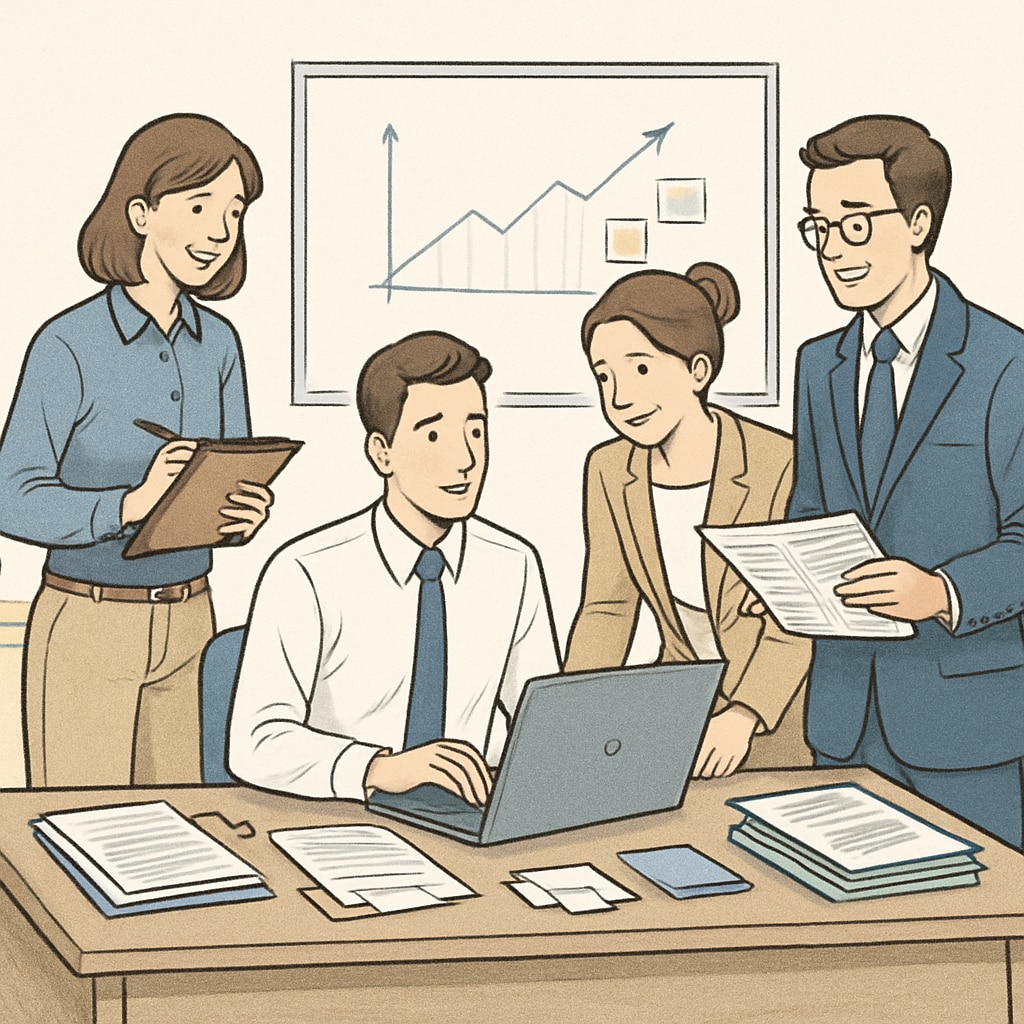 A group of professionals collaborating in an office setting, illustrating teamwork and practical skills in professional environments. Professionals working together, emphasizing skills needed in today's job market.
