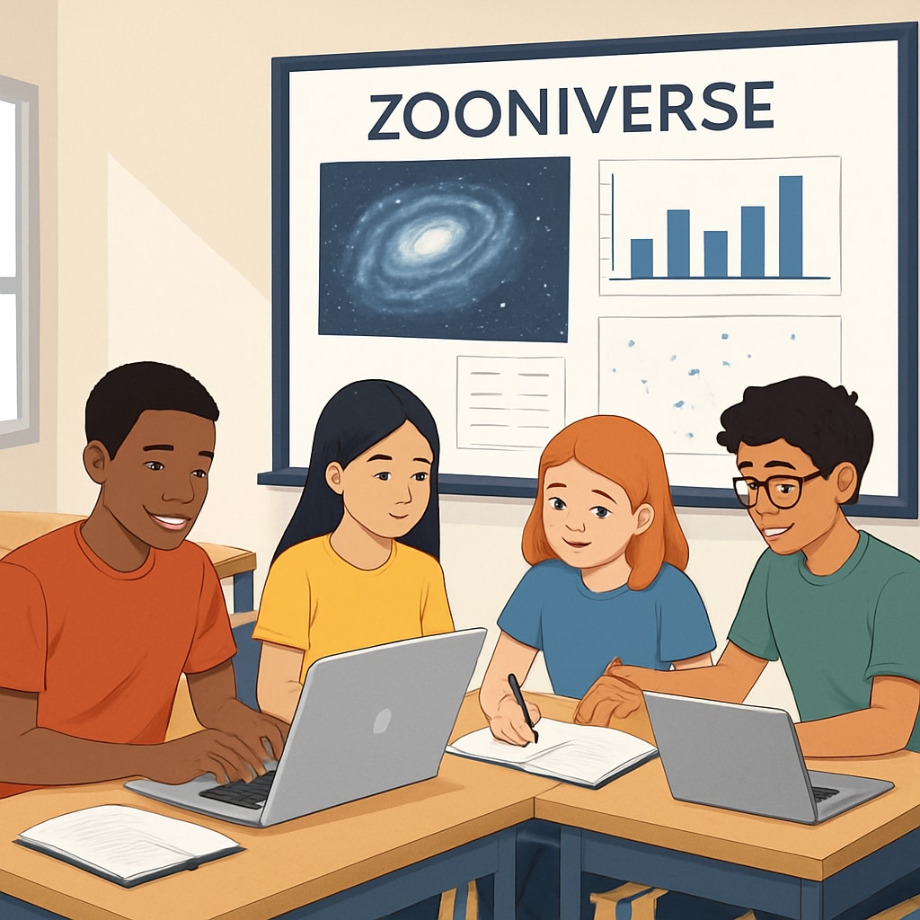 A group of students working together on a Zooniverse citizen science project in a modern classroom setting. Students participating in a Zooniverse citizen science project.