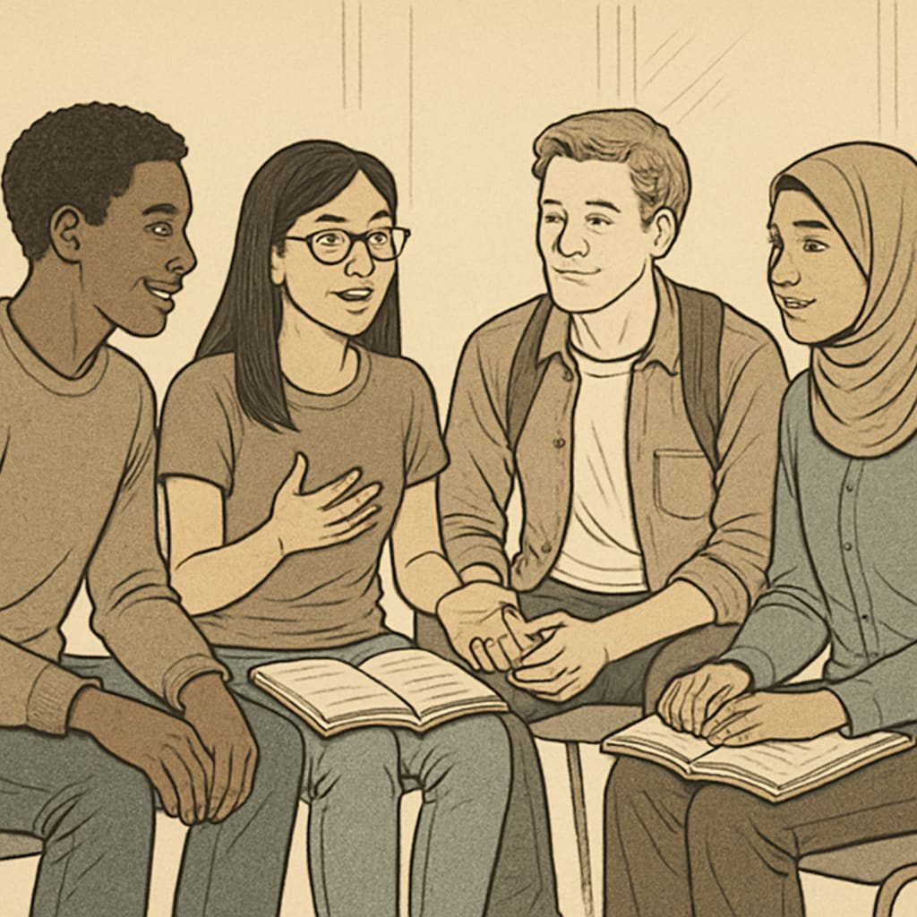 A group of students engaged in conversation, symbolizing the importance of inclusive campus policies and dialogue. Students discussing inclusivity and campus policies at Brown University