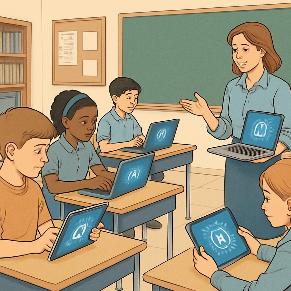 A classroom where students are using AI-powered devices to engage in personalized learning. Students engaging with AI tools for personalized learning in a classroom setting.